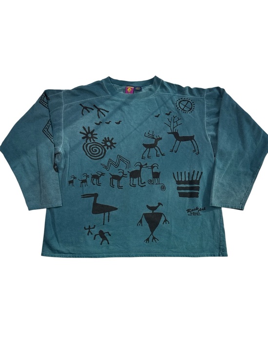Rock Art by Bravo Mexico Tops - Vintage Rock Art by Bravo Oversized Loose Sweatshirt Teal Native Art Snake L